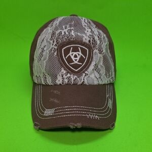 Ariat Brown, Off White Lace Distressed Look Fabric Baseball Cap Adjustable Strap